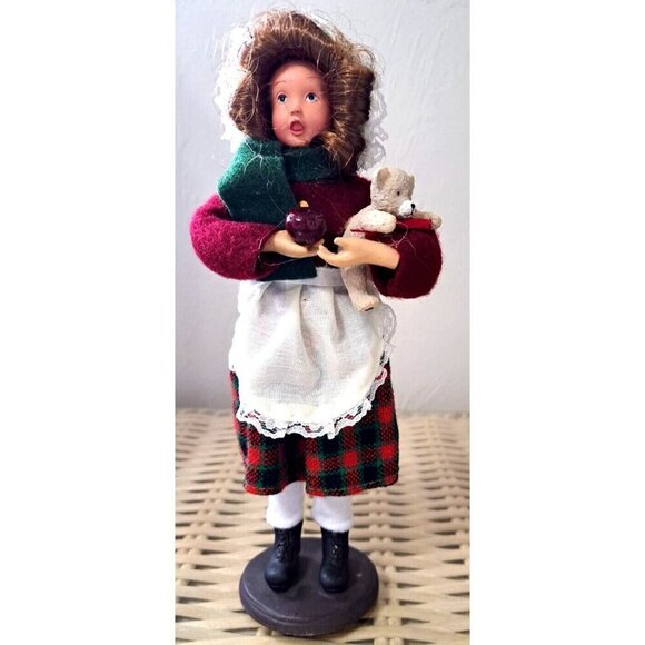 Vintage Christmas Caroler 9" Girl Holding Teddy Bear and Apple - Picture 2 of 9